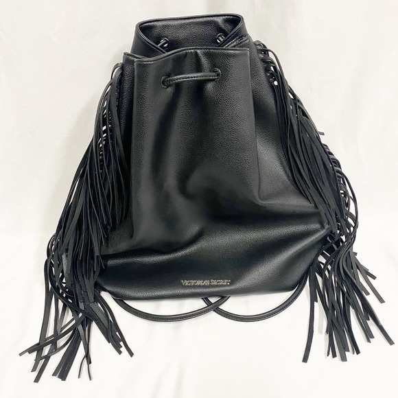 Victoria’s Secret Black Fringe Bohemian Festival Backpack Bucket Drawstring Bag - Picture 2 of 8